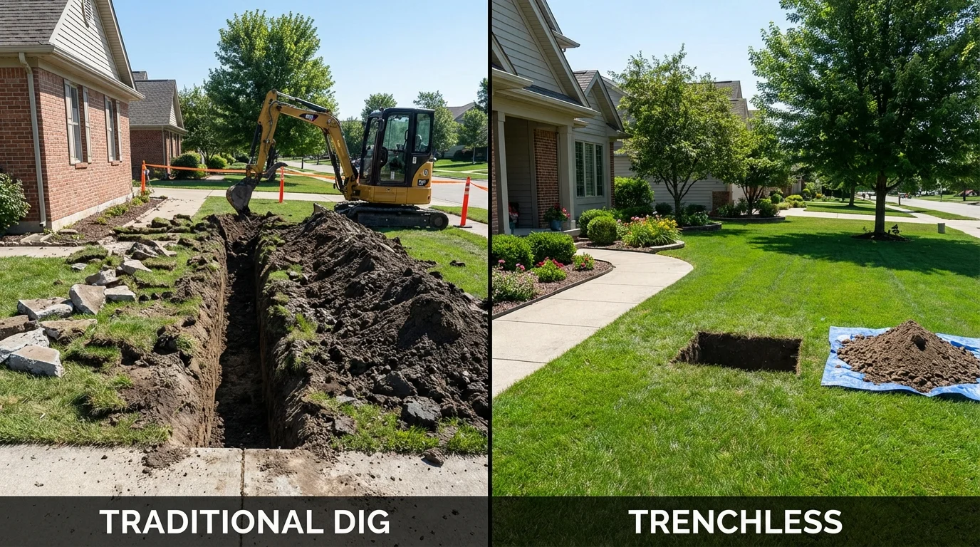 Trenchless sewer repair with minimal yard damage versus traditional excavation in Durand, WI